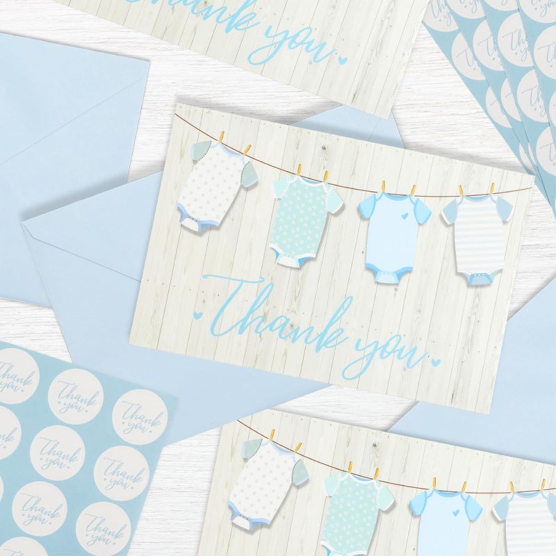 Pipilo Press Baby Shower Thank You Cards with Envelopes & Stickers for Boy - 6 x 4 Inch Blue Clothesline Design - Pack of 60 - Baby Boy Thank You Cards - Image 2